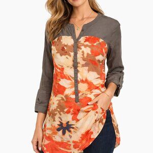 Anthropologie Odille Hanomi Tunic Gray Floral Popover Blouse Size 4